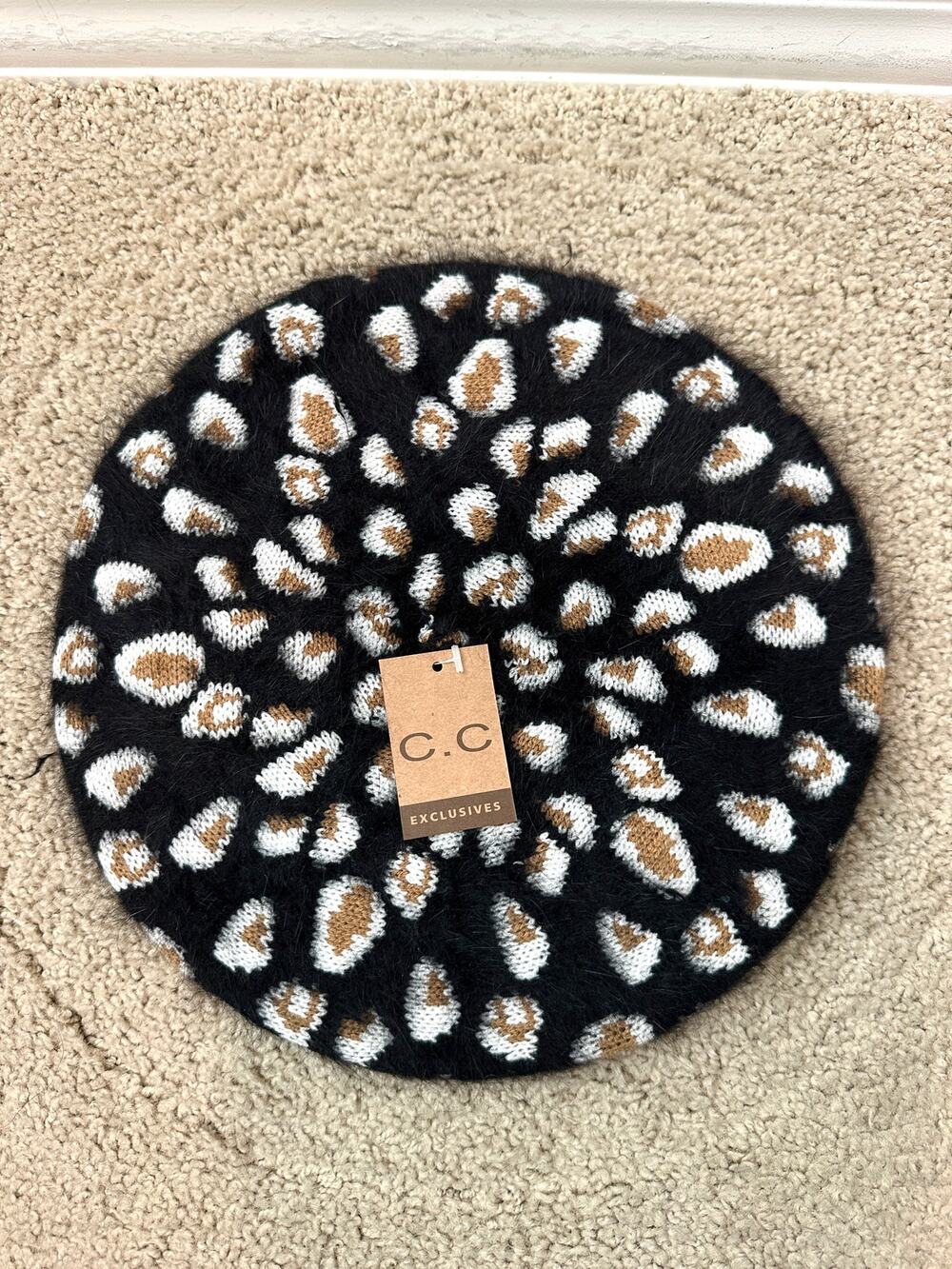 C.C | Leopard Print Fuzzy Beret Hat Rhinestone Studded Cozy NWT | One Size